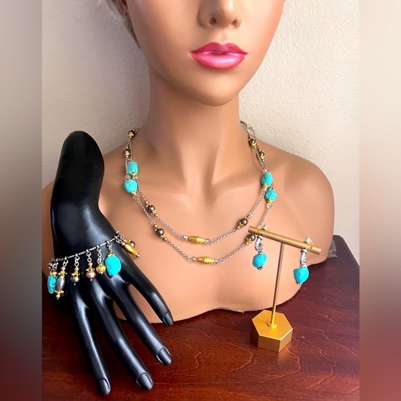 Vintage Signed Brighton Persiana Turquoise Crystal Gray Pearl Long Necklace set. - Picture 2 of 11